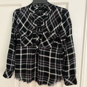 Rails Black and Gray Plaid Button Down Shirt with fringe detail
